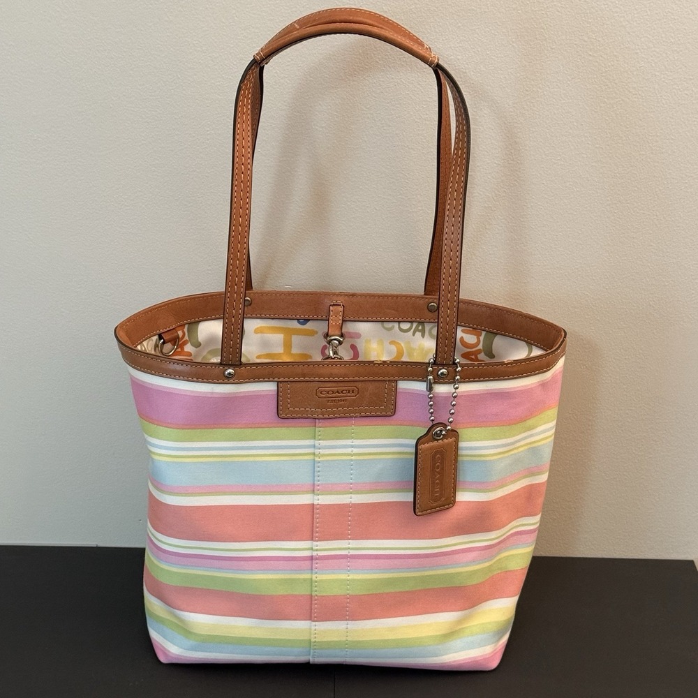 Y2K Coach Hampton Multicolor Pastel Stripe Canvas & Leather Handbag Tote F13552